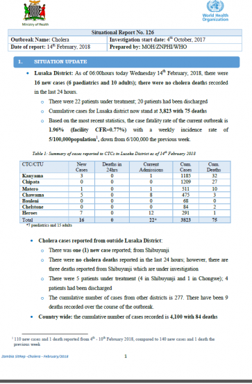 Zambia Cholera Outbreak Situation Report - 14 February 2018